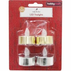 Hobbycraft Gold And Silver LED Tea Lights 4 Pack -Christmas Decorations shop 649670 1000 3 gold and silver led tea lights 4 pack